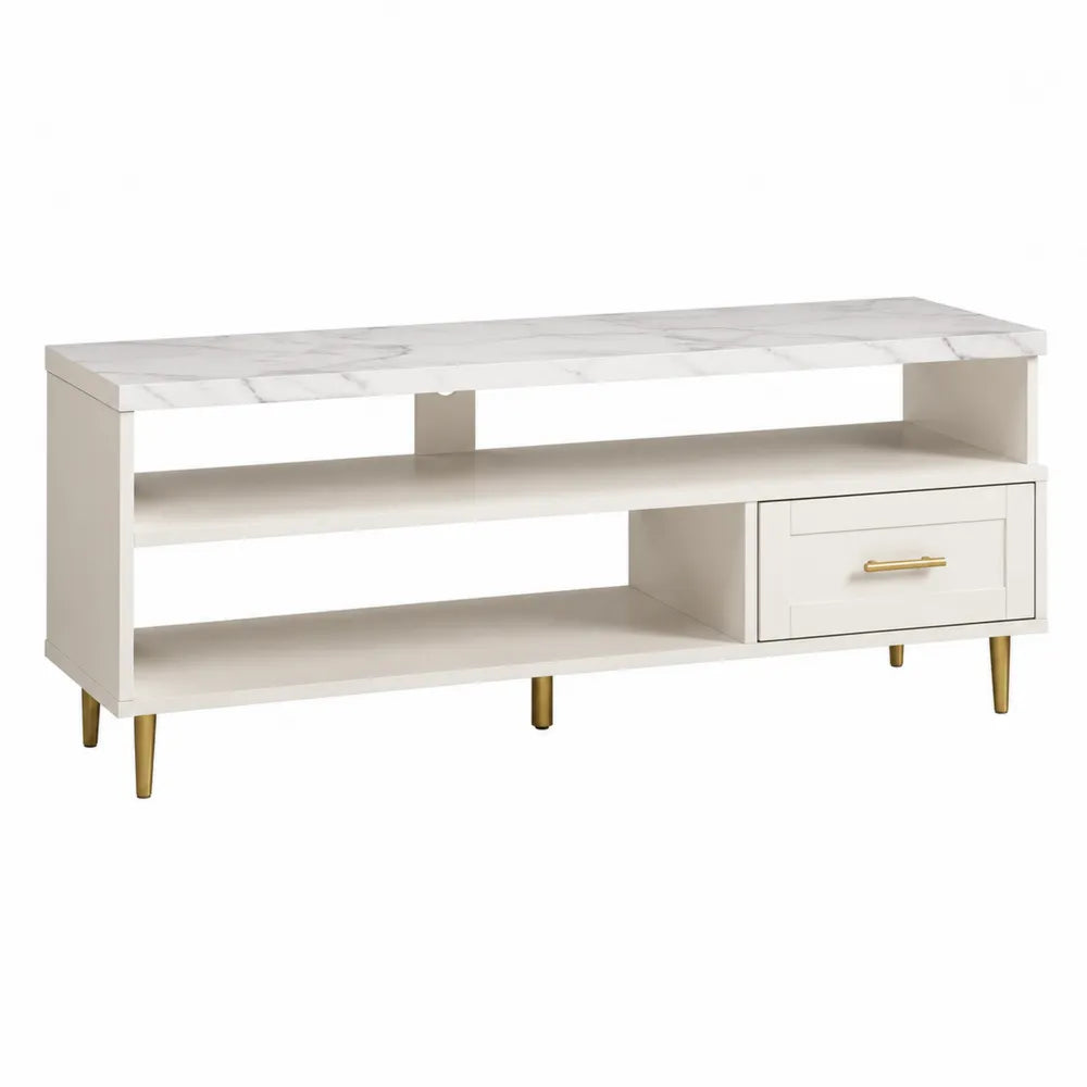 Szafka RTV z MDF i imitacją marmuru, biały, 120x40x50 cm