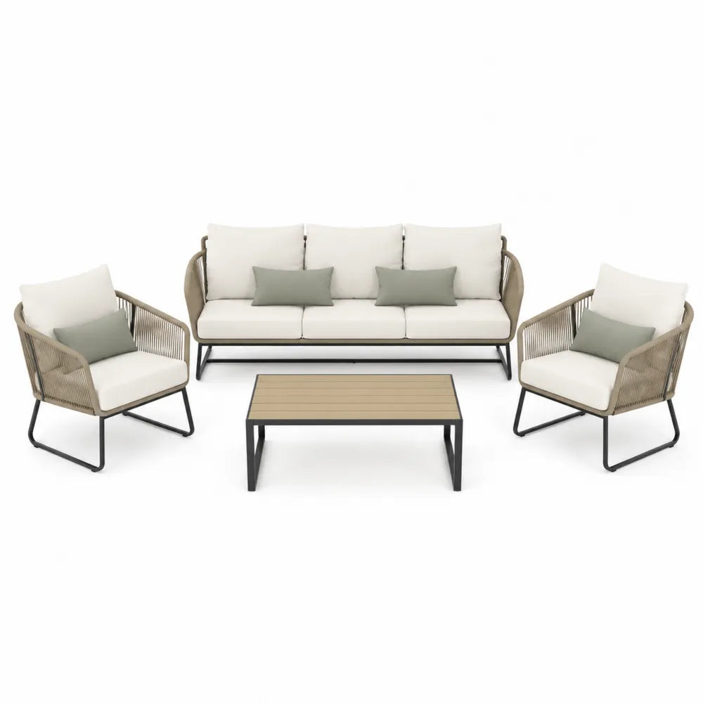 Zestaw mebli ogrodowych: sofa 3-osobowa, 2 fotele, stolik, aluminium, poliester, beżowy/kremowy