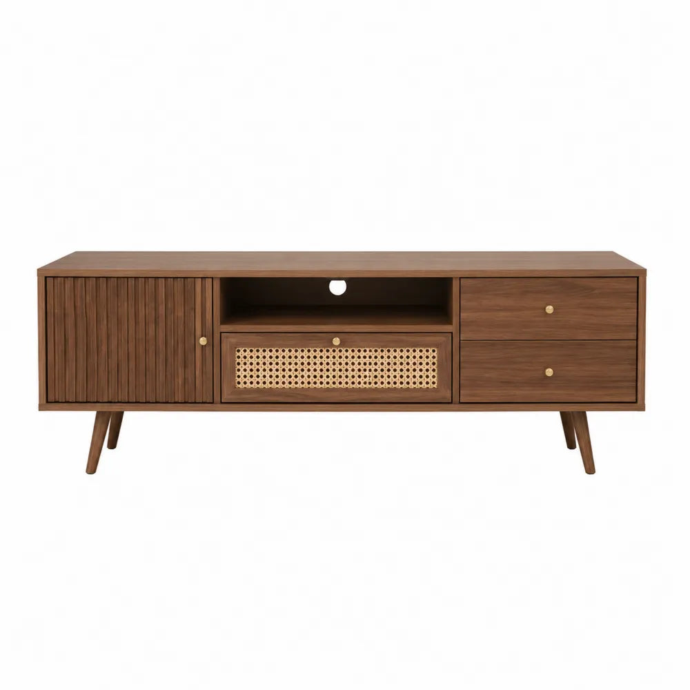 Szafka RTV drewniana z panelem rattanowym 150 cm brązowa