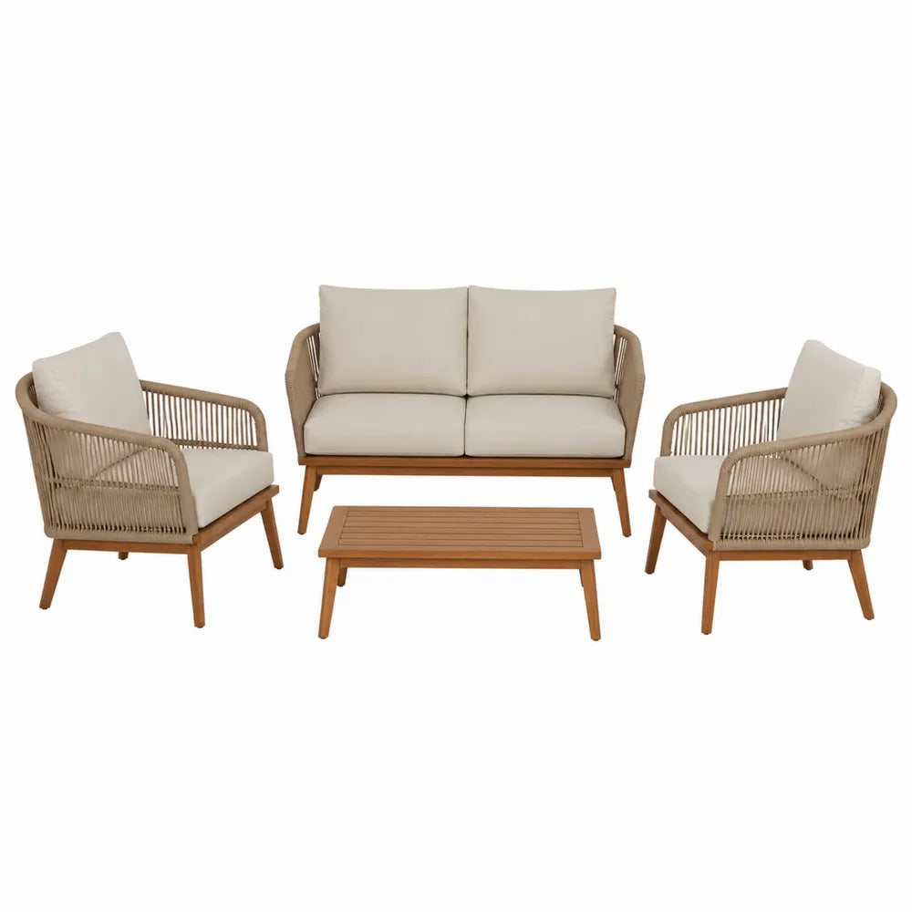 4-częściowy zestaw mebli ogrodowych drewno akacjowe i lina polipropylenowa beżowy