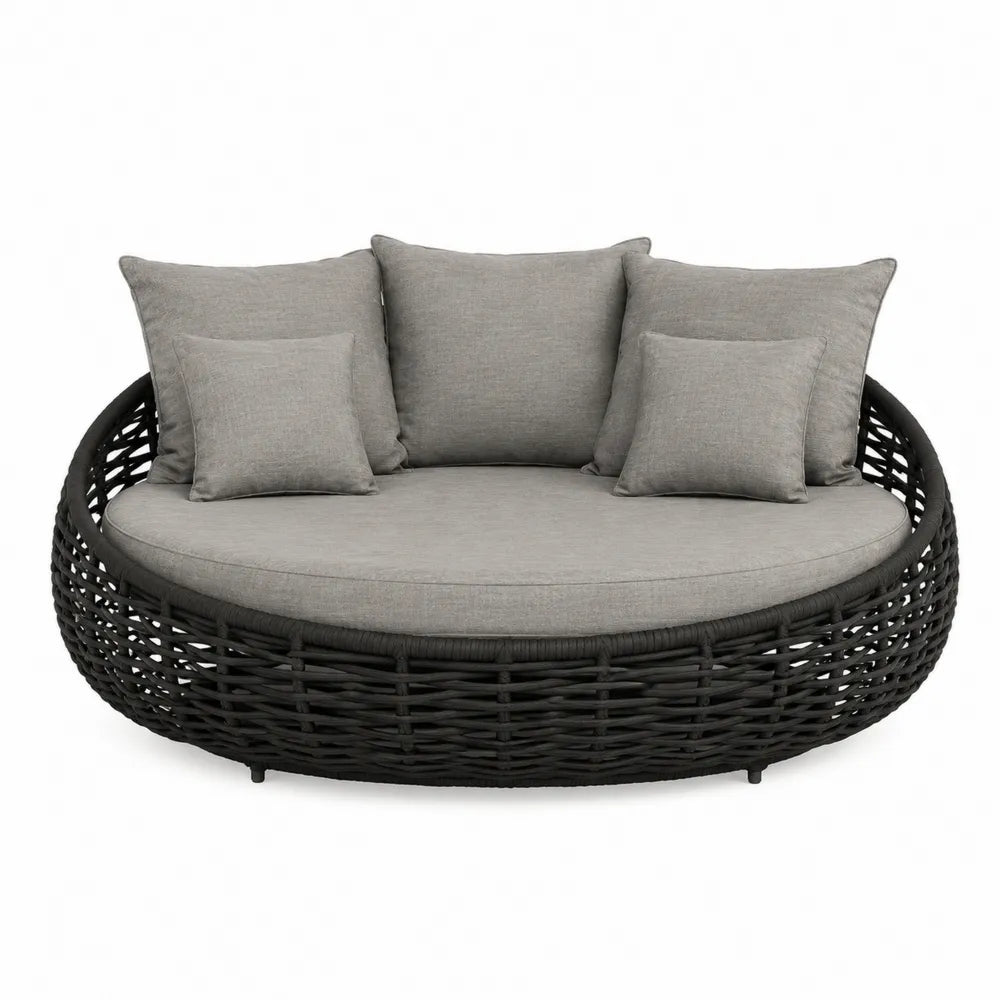 Okrągła sofa ogrodowa z technorattanu z szarymi poduszkami, średnica 150 cm