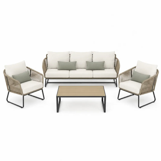 Zestaw mebli ogrodowych: sofa 3-osobowa, 2 fotele, stolik, aluminium, poliester, beżowy/kremowy