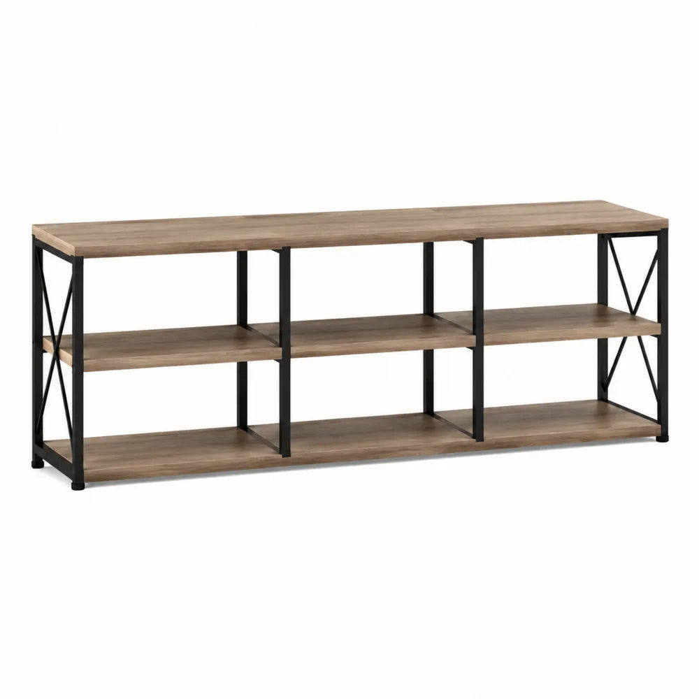 Szafka RTV z metalową ramą i półkami z płyty MDF, czarna 150x40x60 cm
