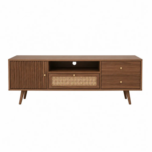 Szafka RTV drewniana z panelem rattanowym 150 cm brązowa