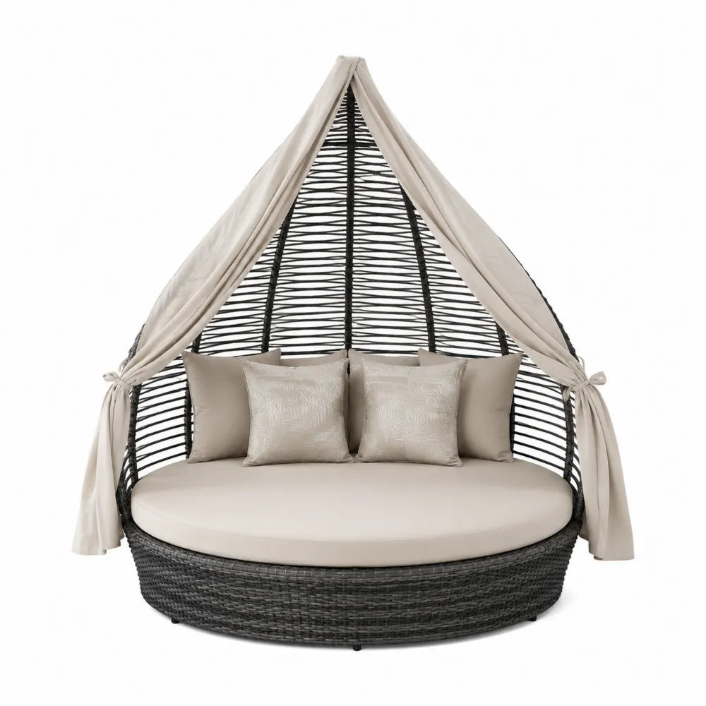 Owalna sofa ogrodowa z technorattanu z baldachimem, czarna i beżowa