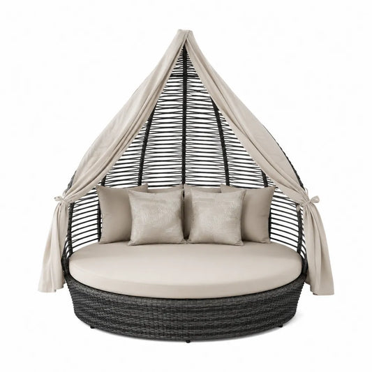 Owalna sofa ogrodowa z technorattanu z baldachimem, czarna i beżowa