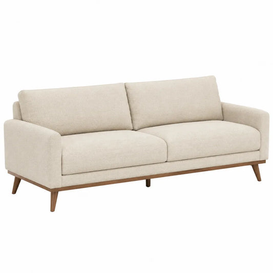 Sofa trzyosobowa tapicerowana kremowa drewniana