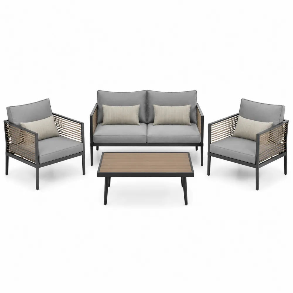 Zestaw mebli ogrodowych z aluminium i drewna akacjowego, 2x Fotel, Sofa 2-osobowa, Stolik kawowy, Szary/Beżowy