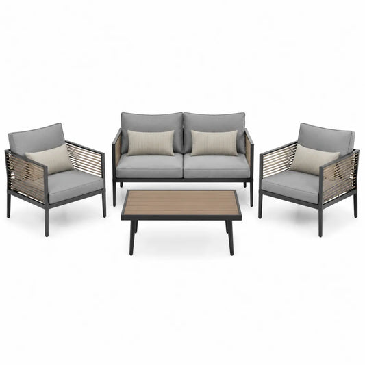 Zestaw mebli ogrodowych z aluminium i drewna akacjowego, 2x Fotel, Sofa 2-osobowa, Stolik kawowy, Szary/Beżowy