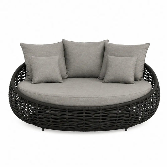 Okrągła sofa ogrodowa z technorattanu z szarymi poduszkami, średnica 150 cm