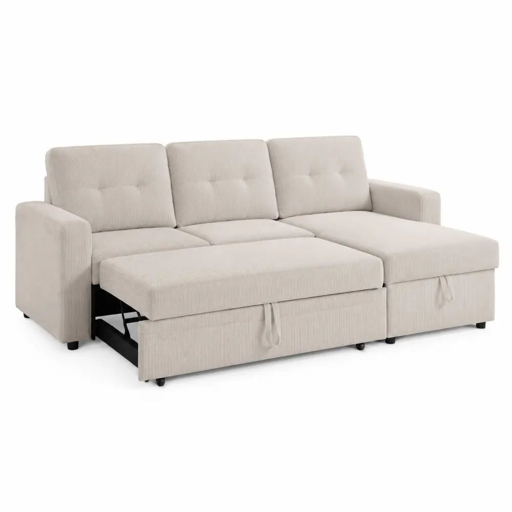 Narożna sofa rozkładana z tkaniny sztruksowej, beżowa 230 x 150 cm